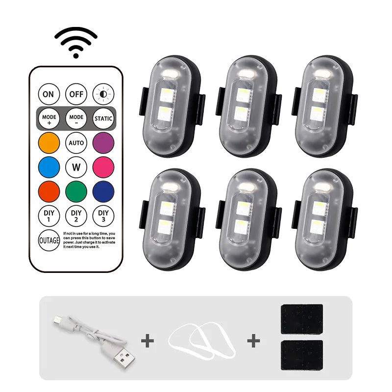 6PCS Waterproof Wireless LED Strobe Lights 8 Colors USB Charging Remote Control Car Motorcycle Drone Aircraft Bike Accessories