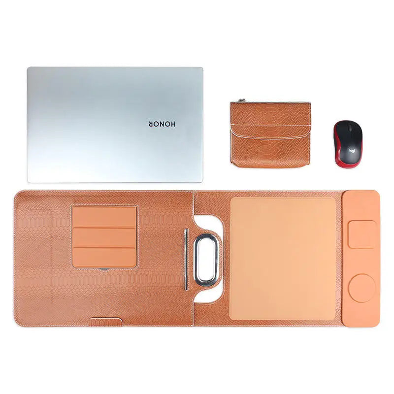 Newest 6-in-1 Wireless Charging Protective Case and Mouse Pad Leather Wireless Charging Laptop Sleeve for Laptop and Tablet