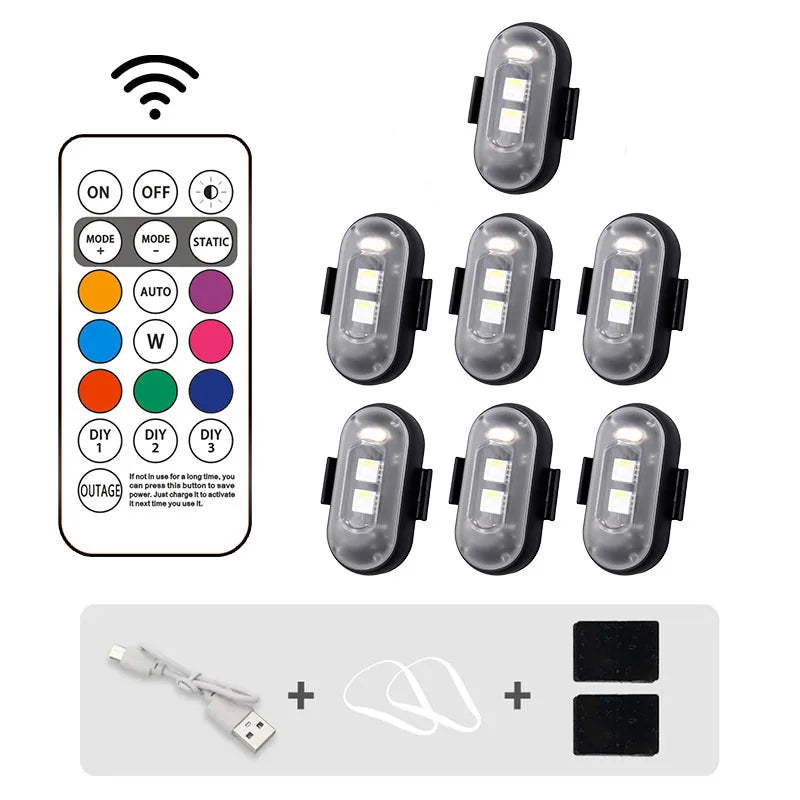 6PCS Waterproof Wireless LED Strobe Lights 8 Colors USB Charging Remote Control Car Motorcycle Drone Aircraft Bike Accessories