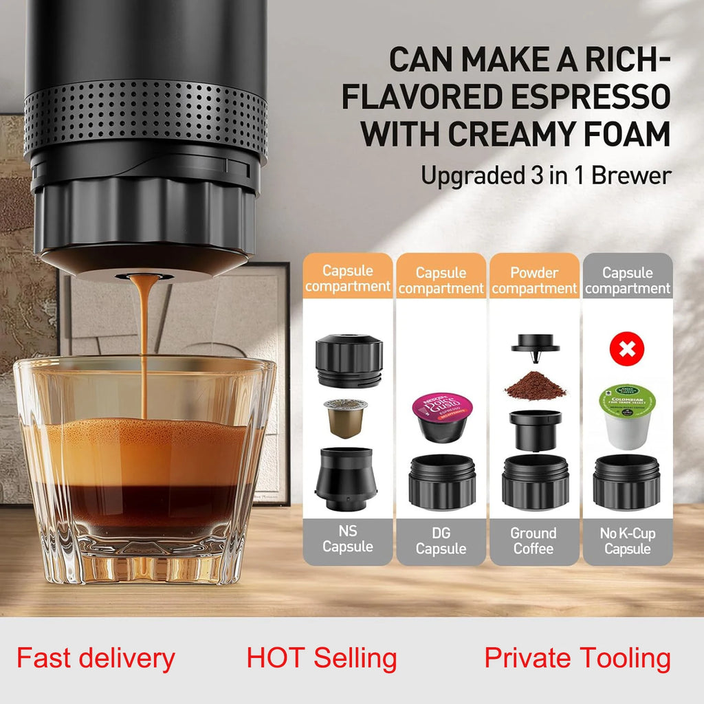 3 in 1 TYPE C Travel Cold Hot Brewing Cafe Machine USB 3 in 1 Portable Mini Espresso Handheld Capsule Self Heating Coffee Maker