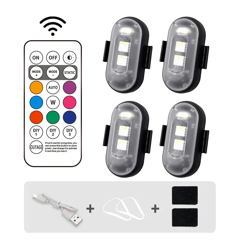 6PCS Waterproof Wireless LED Strobe Lights 8 Colors USB Charging Remote Control Car Motorcycle Drone Aircraft Bike Accessories