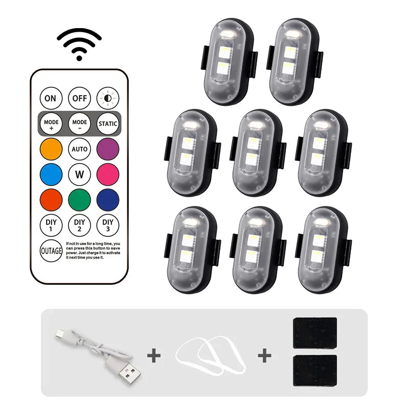 6PCS Waterproof Wireless LED Strobe Lights 8 Colors USB Charging Remote Control Car Motorcycle Drone Aircraft Bike Accessories