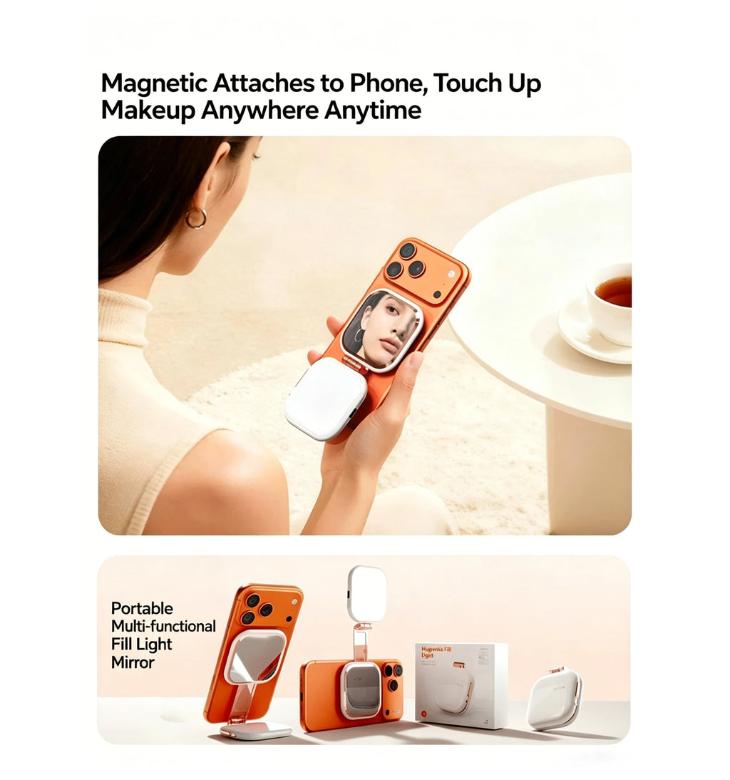 NEW Magnetic Selfie Light for iPhone Magsafe CRI97 360 LED Ring Fill Light Mirror Mini Foldable Remote Control PC Material