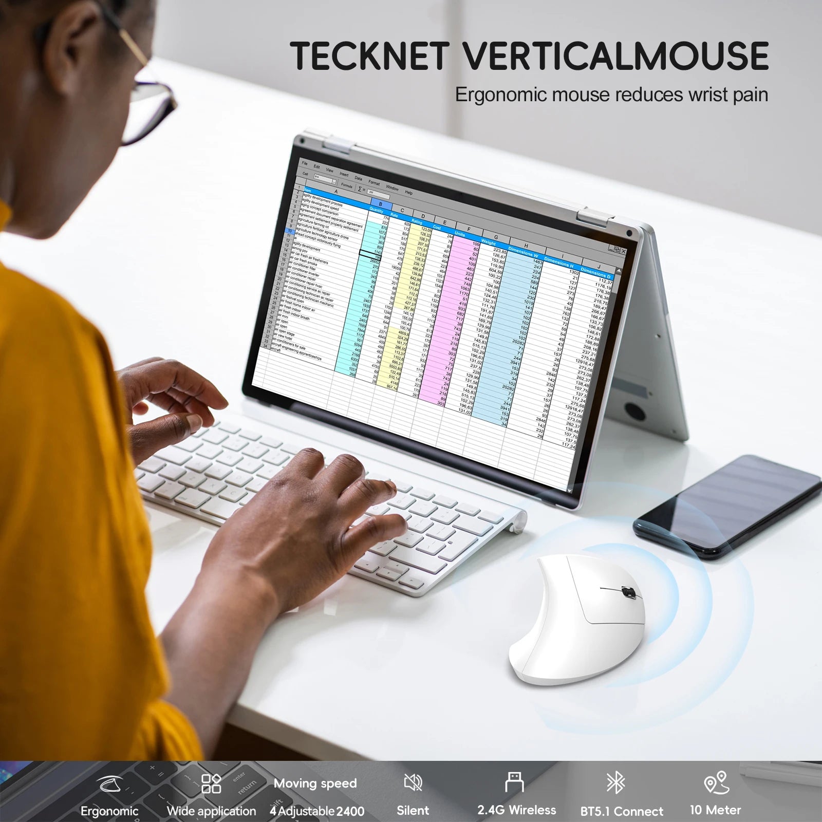 HXSJ dual mode vertical mouse ergonomic ABS 600mAh rechargeable 2400DPI  Type-c interface wireless mouse for pc