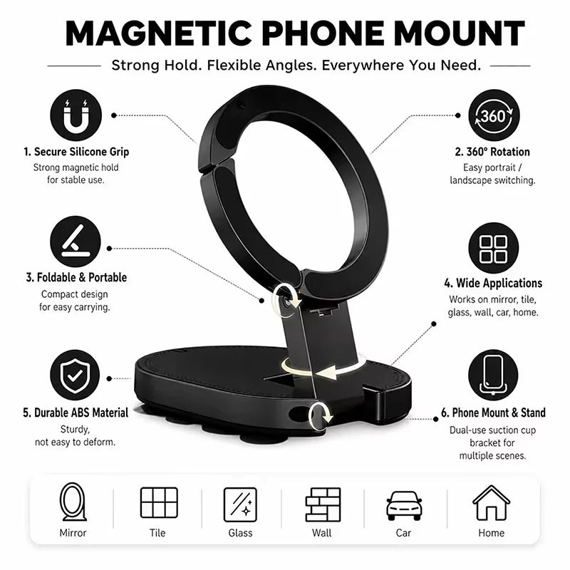 3 In1 Magnetic Foldable Phone Stand Universal 360 Rotation Desktop Mobile Holder With Suction Cups At The Bottom