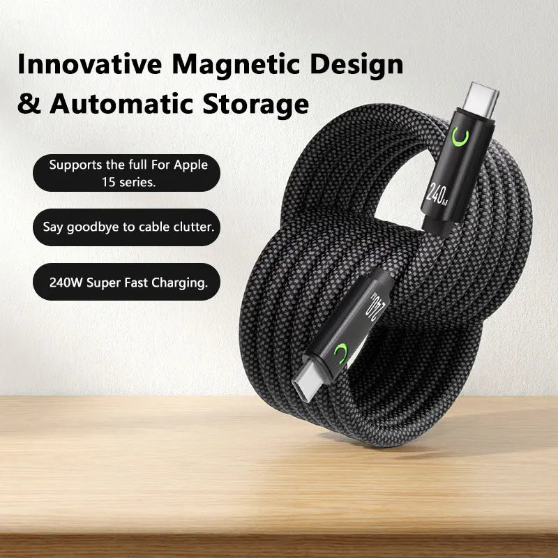 240W Magnetic Fast Charging USB C Cable 1M Nylon Braided for Tablet Laptop iPhone Samsung Huawei Type C Magnetic Charger Cord