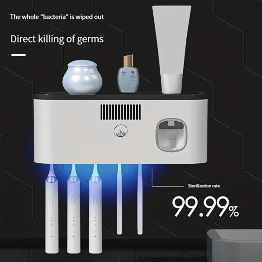 Wall-mounted smart toothbrush sterilizer with 5 slots, integrated toothpaste dispenser, bathroom storage rack and organizer, hom