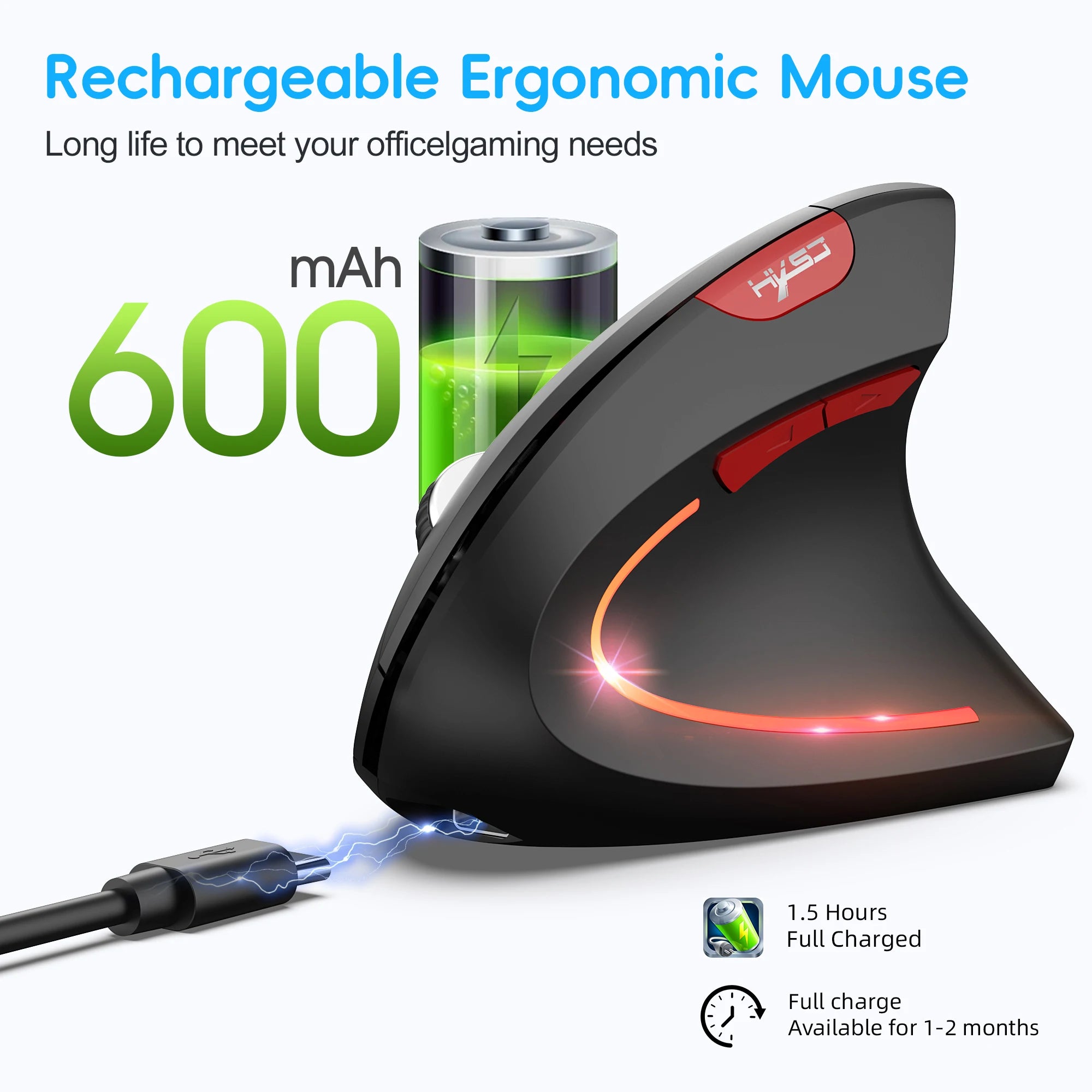 HXSJ dual mode vertical mouse ergonomic ABS 600mAh rechargeable 2400DPI  Type-c interface wireless mouse for pc