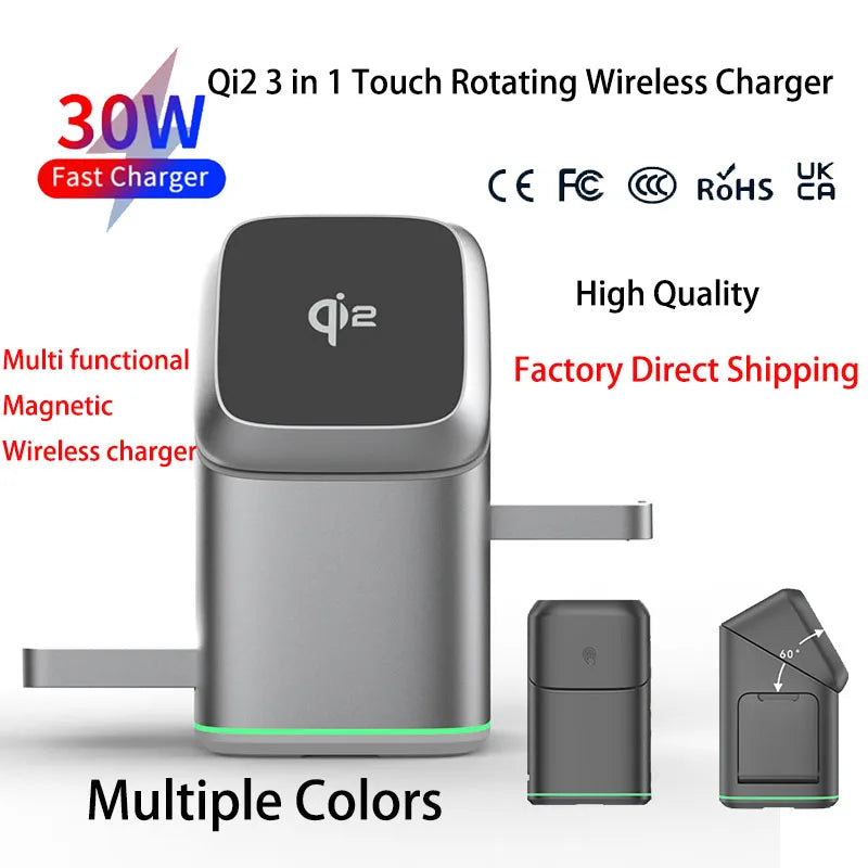 Qi2 25W 3-in-1 Magnetic Wireless Charger Stand Fast Charging For iPhone 14 15 16 17/AirPods Charger Touch Auto Rotation