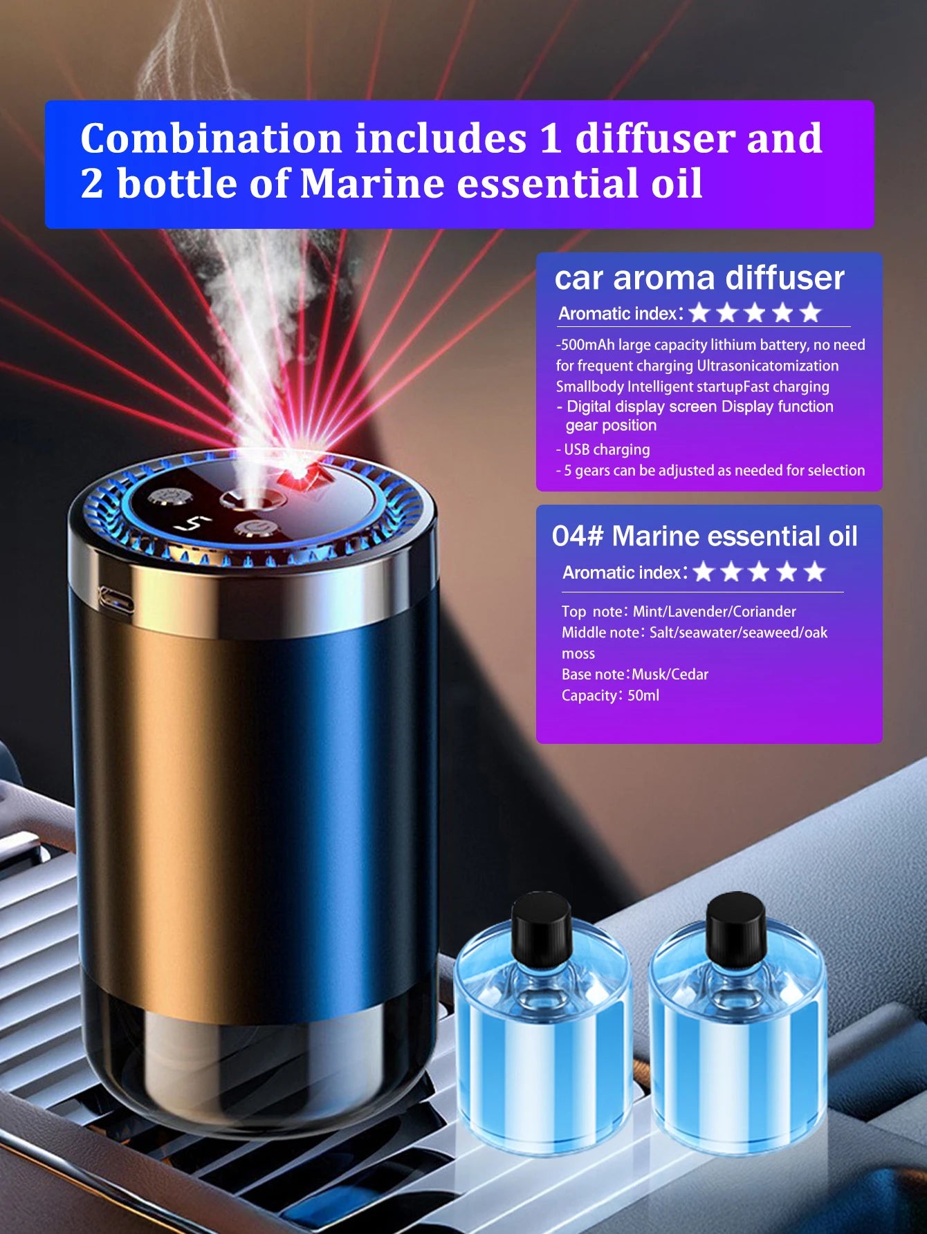 Rechargeable car aroma diffuser, aromatic essential oil, colorful lights, romantic starry sky lights, bedroom gift