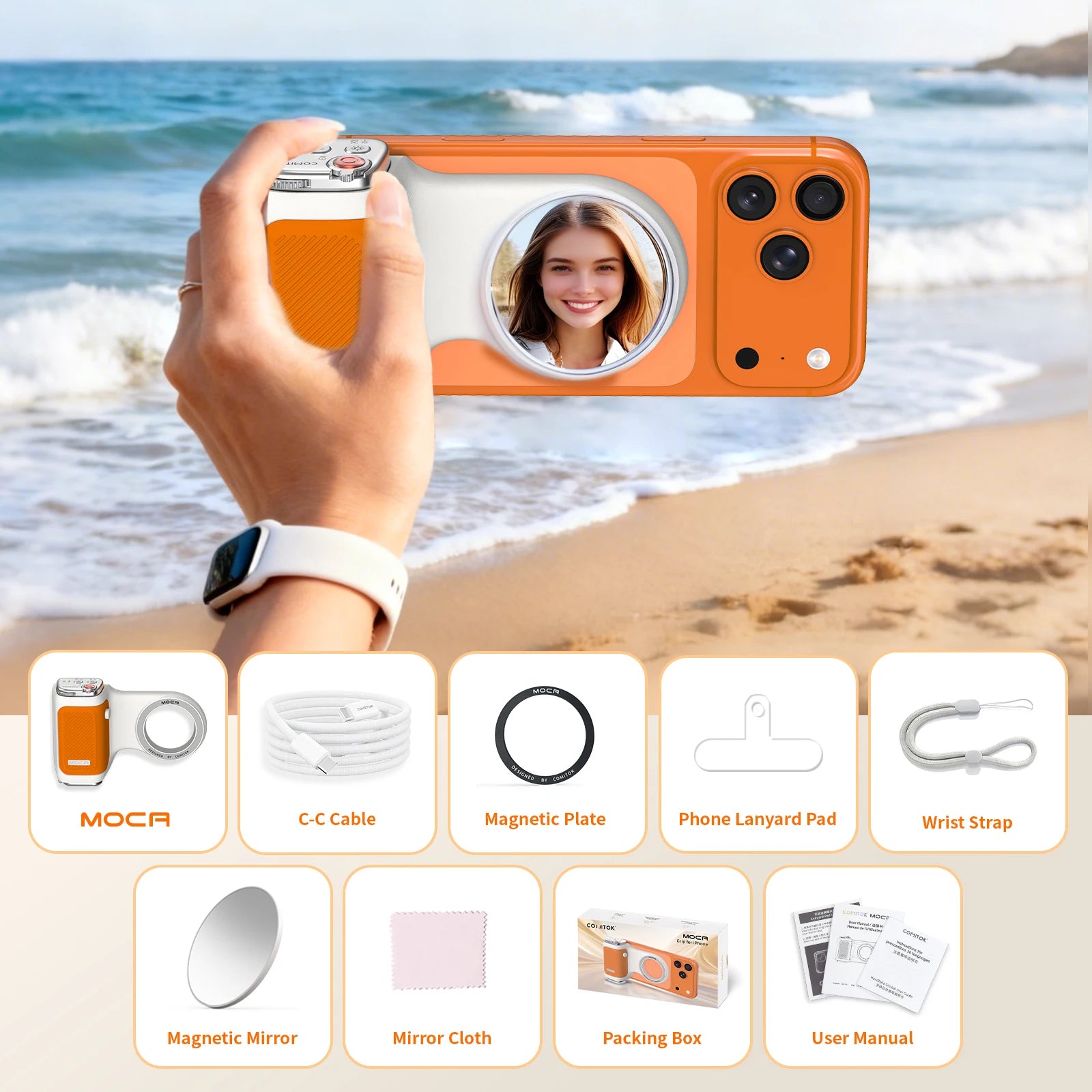 COMITOK MOCA iPhone Camera Assistant,1Click Lens Flip Shutter Grip/Detachable charging remote control+Optional Fill Light/Mirror