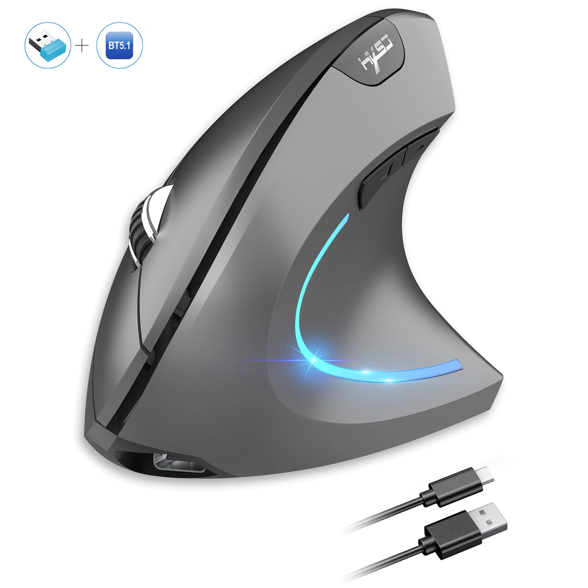 HXSJ dual mode vertical mouse ergonomic ABS 600mAh rechargeable 2400DPI  Type-c interface wireless mouse for pc