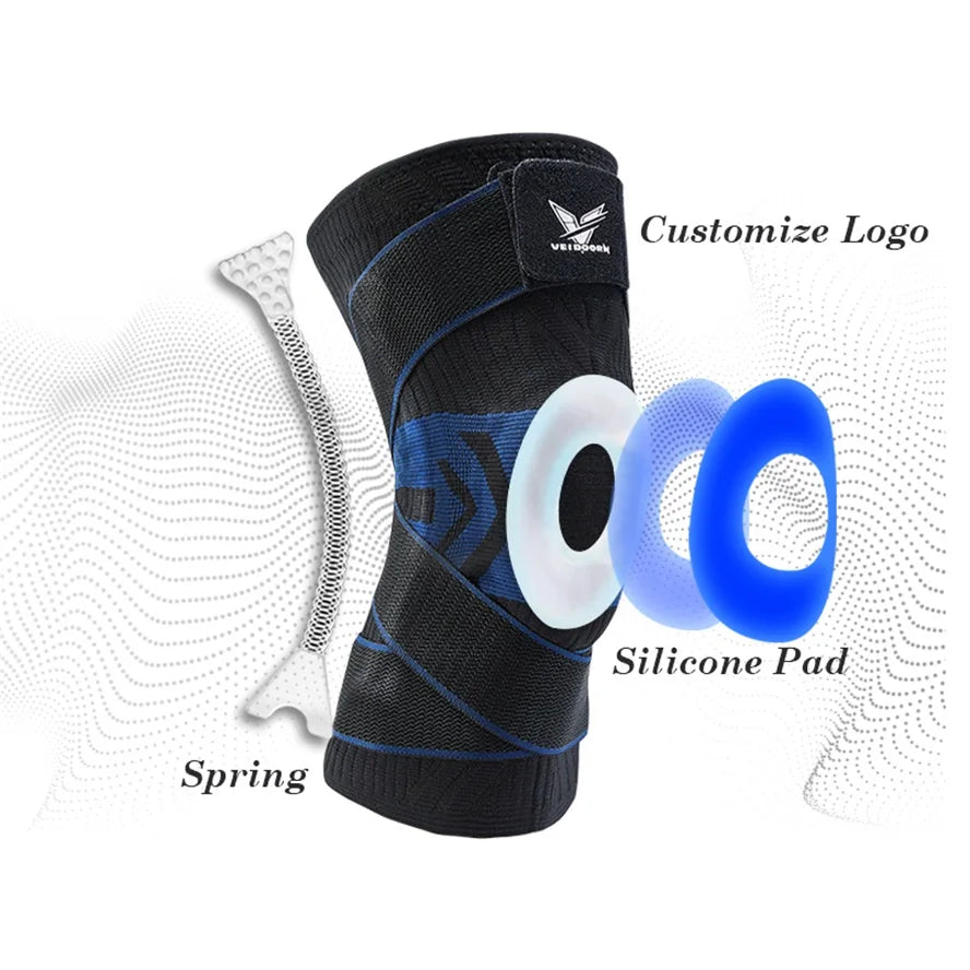 1PC Men Compression Crossfit Rodilleras Elastic Sport Knee Sleeve with Long Straps Black Blue Knee Brace with Silicone Gel