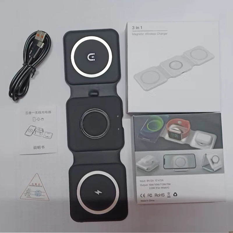30W 3 in 1 Quick Multi-function Foldable Chargers Safe Magnetic Wireless Charger Portable Charger for iPhone IWatch AirPods