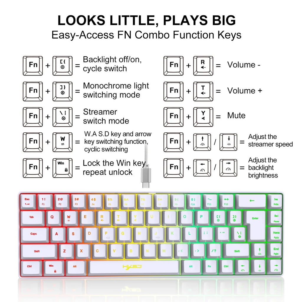 Keyboard 68 Keys RGB Backlight Small Portable Office Computer Membrane Keyboard For Windows Tablet Laptop Game