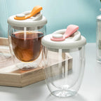 Cute Portable Water Cup Double Wall Glass Cup With Leak-Proof LidTransparent Insulated Coffee Cups Milk Tea Juice Mug Dinkware