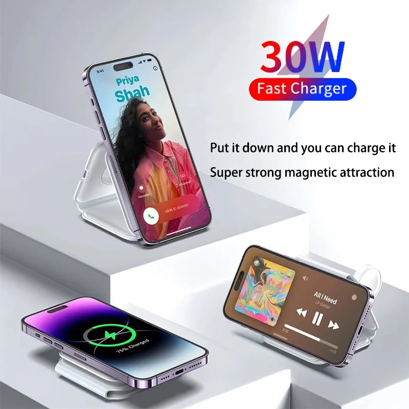 30W 3 in 1 Quick Multi-function Foldable Chargers Safe Magnetic Wireless Charger Portable Charger for iPhone IWatch AirPods