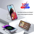 30W 3 in 1 Quick Multi-function Foldable Chargers Safe Magnetic Wireless Charger Portable Charger for iPhone IWatch AirPods