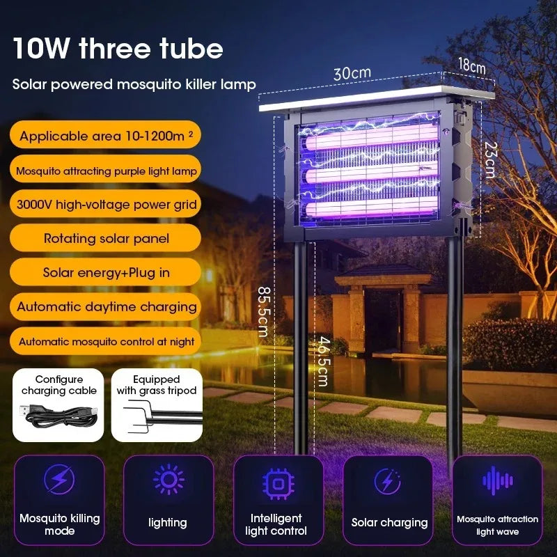 20W Solar Mosquito Killer Lamp with Light 395nm UV+Carbon Mesh IPX5 Waterproof 6000mah USB/Solar Rechargeable for Garden/Patio
