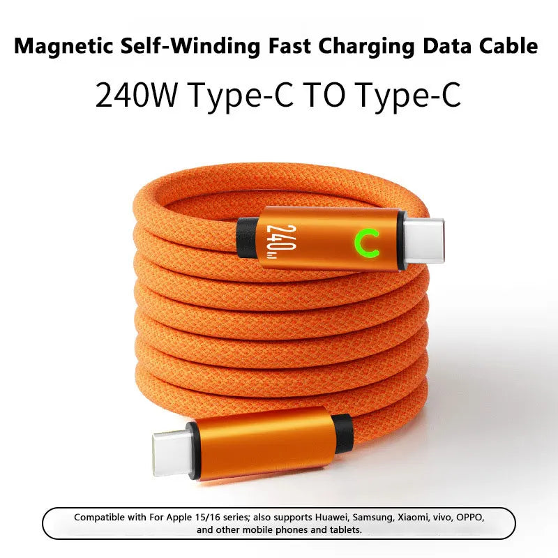 240W Magnetic Fast Charging USB C Cable 1M Nylon Braided for Tablet Laptop iPhone Samsung Huawei Type C Magnetic Charger Cord