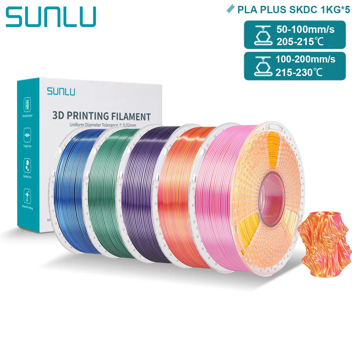SUNLU PLA PLUS Silk 3D Printer Filament 1.75mm Double/Triple Tone Shiny Silk Textures Gradient Colors for Most FDM 3D Printers