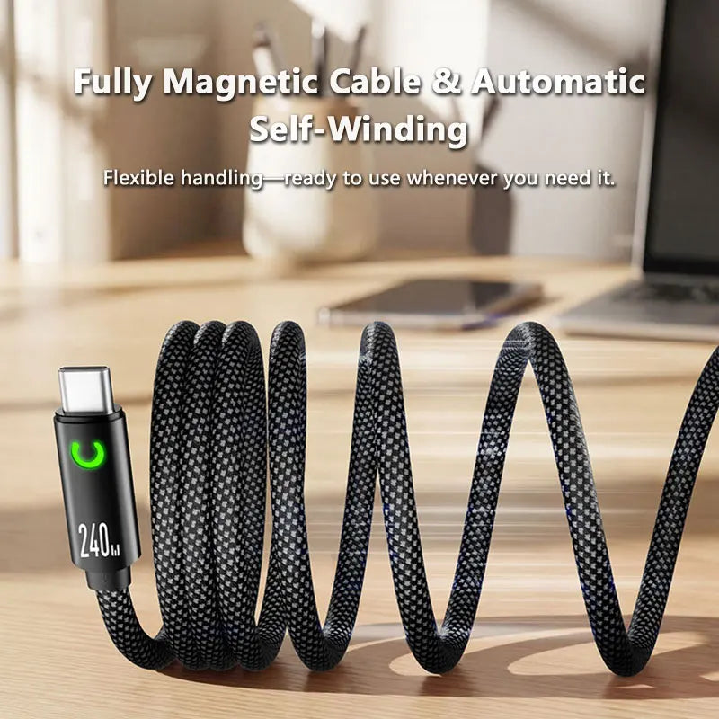 240W Magnetic Fast Charging USB C Cable 1M Nylon Braided for Tablet Laptop iPhone Samsung Huawei Type C Magnetic Charger Cord