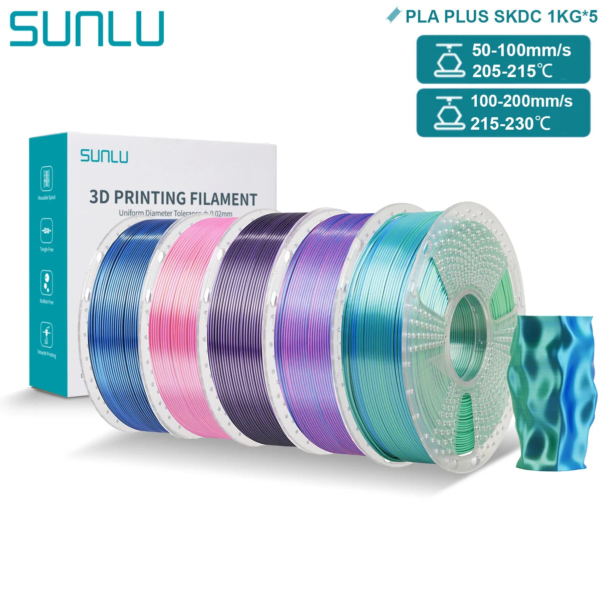 SUNLU PLA PLUS Silk 3D Printer Filament 1.75mm Double/Triple Tone Shiny Silk Textures Gradient Colors for Most FDM 3D Printers