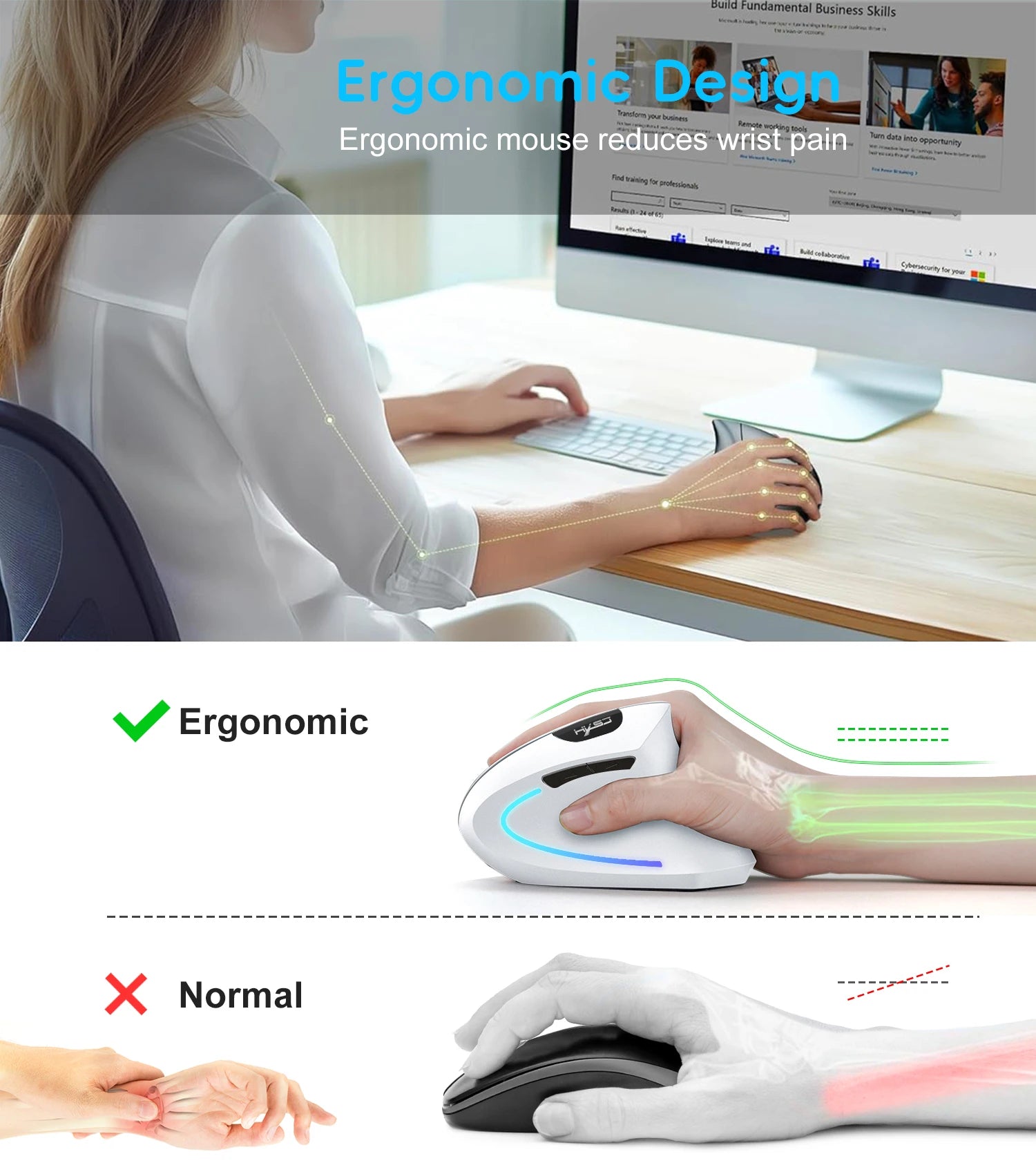 HXSJ dual mode vertical mouse ergonomic ABS 600mAh rechargeable 2400DPI  Type-c interface wireless mouse for pc