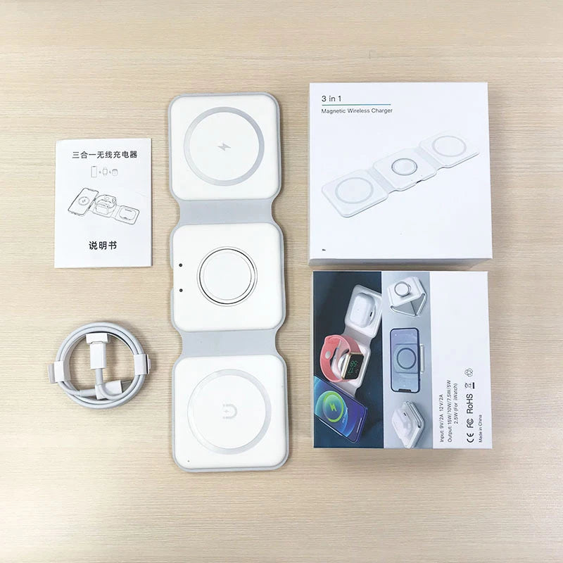30W 3 in 1 Quick Multi-function Foldable Chargers Safe Magnetic Wireless Charger Portable Charger for iPhone IWatch AirPods