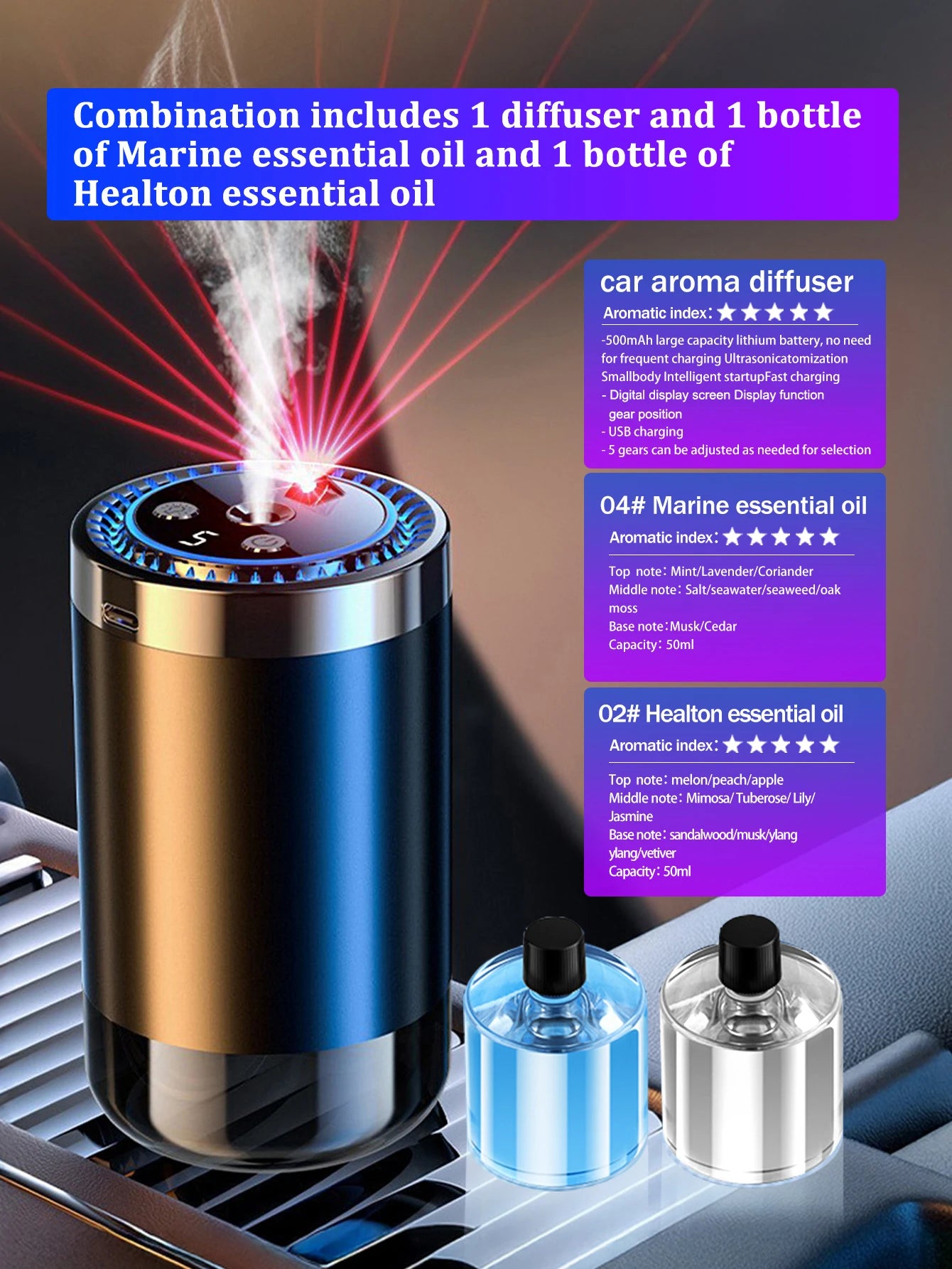 Rechargeable car aroma diffuser, aromatic essential oil, colorful lights, romantic starry sky lights, bedroom gift