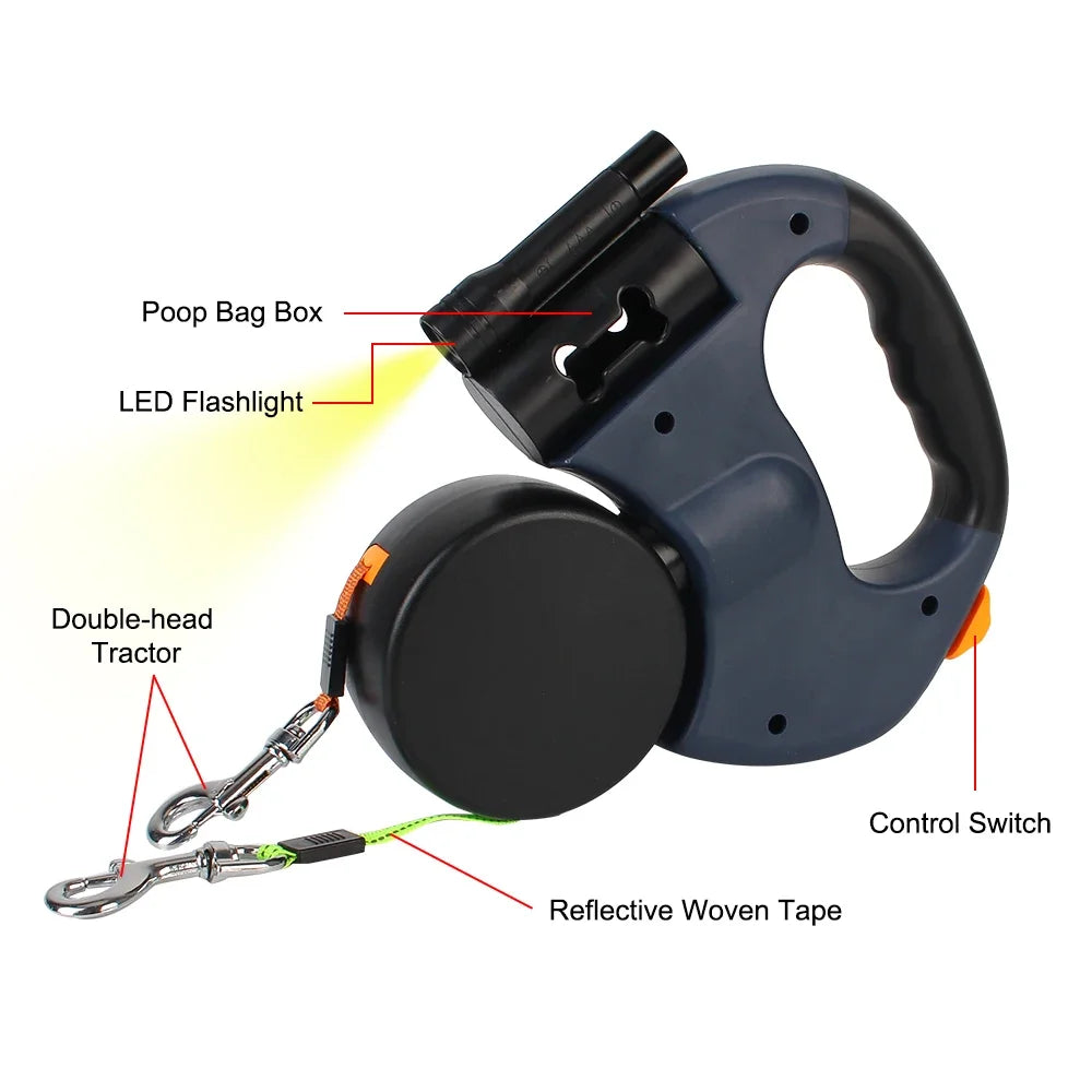 Automatic Retractable Two-End Pet Leash Dog Leash With Flashlight One Tow Two Easy To Walk Your Dog