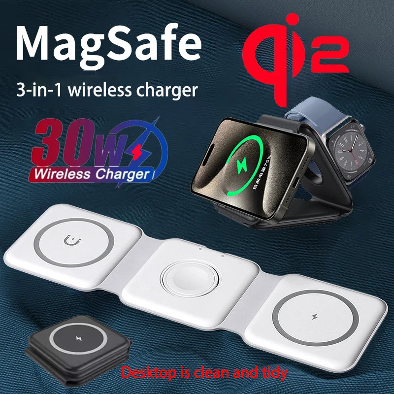 30W 3 in 1 Quick Multi-function Foldable Chargers Safe Magnetic Wireless Charger Portable Charger for iPhone IWatch AirPods