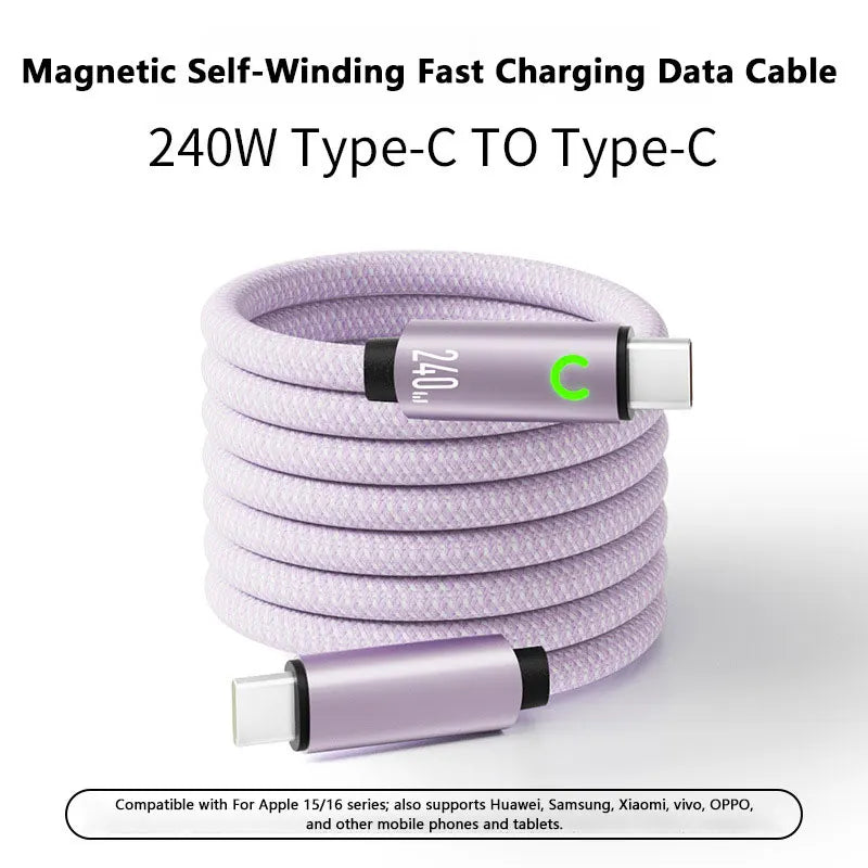 240W Magnetic Fast Charging USB C Cable 1M Nylon Braided for Tablet Laptop iPhone Samsung Huawei Type C Magnetic Charger Cord