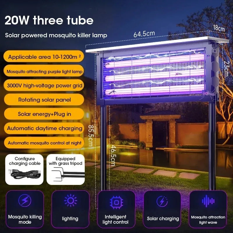20W Solar Mosquito Killer Lamp with Light 395nm UV+Carbon Mesh IPX5 Waterproof 6000mah USB/Solar Rechargeable for Garden/Patio