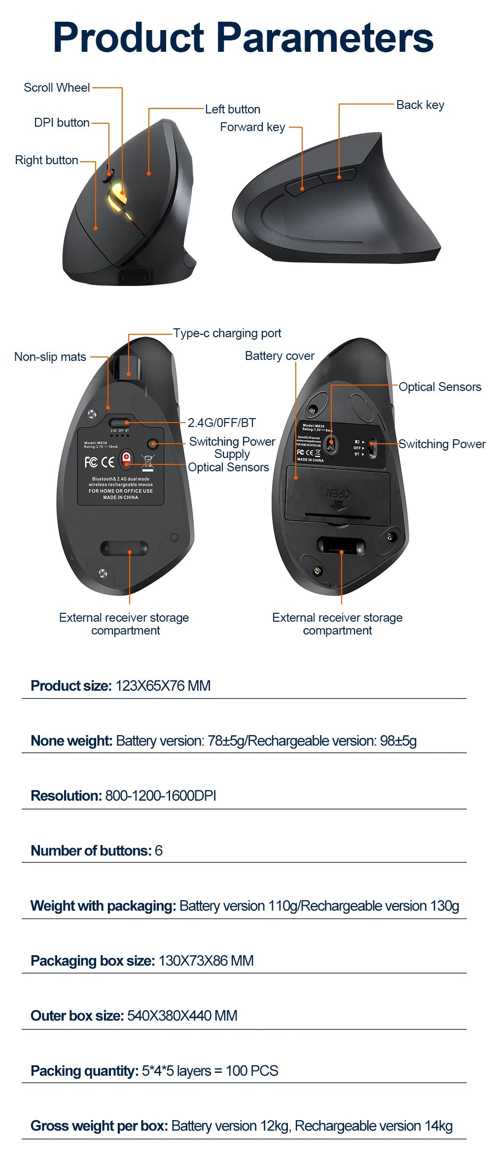 2.4GHz Bluetooth Wireless Mouse Rechargeable Vertical Mice Ergonomic 3Adjustable 1600DPI 6Buttons for Laptop PC Computer Desktop