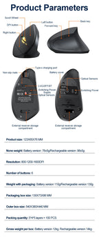 2.4GHz Bluetooth Wireless Mouse Rechargeable Vertical Mice Ergonomic 3Adjustable 1600DPI 6Buttons for Laptop PC Computer Desktop
