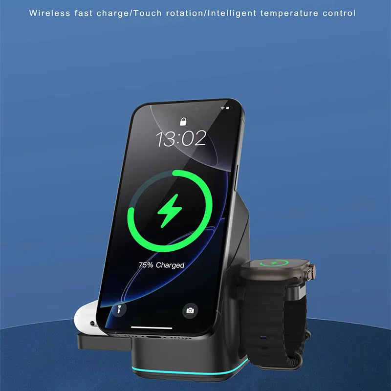 Qi2 25W 3-in-1 Magnetic Wireless Charger Stand Fast Charging For iPhone 14 15 16 17/AirPods Charger Touch Auto Rotation
