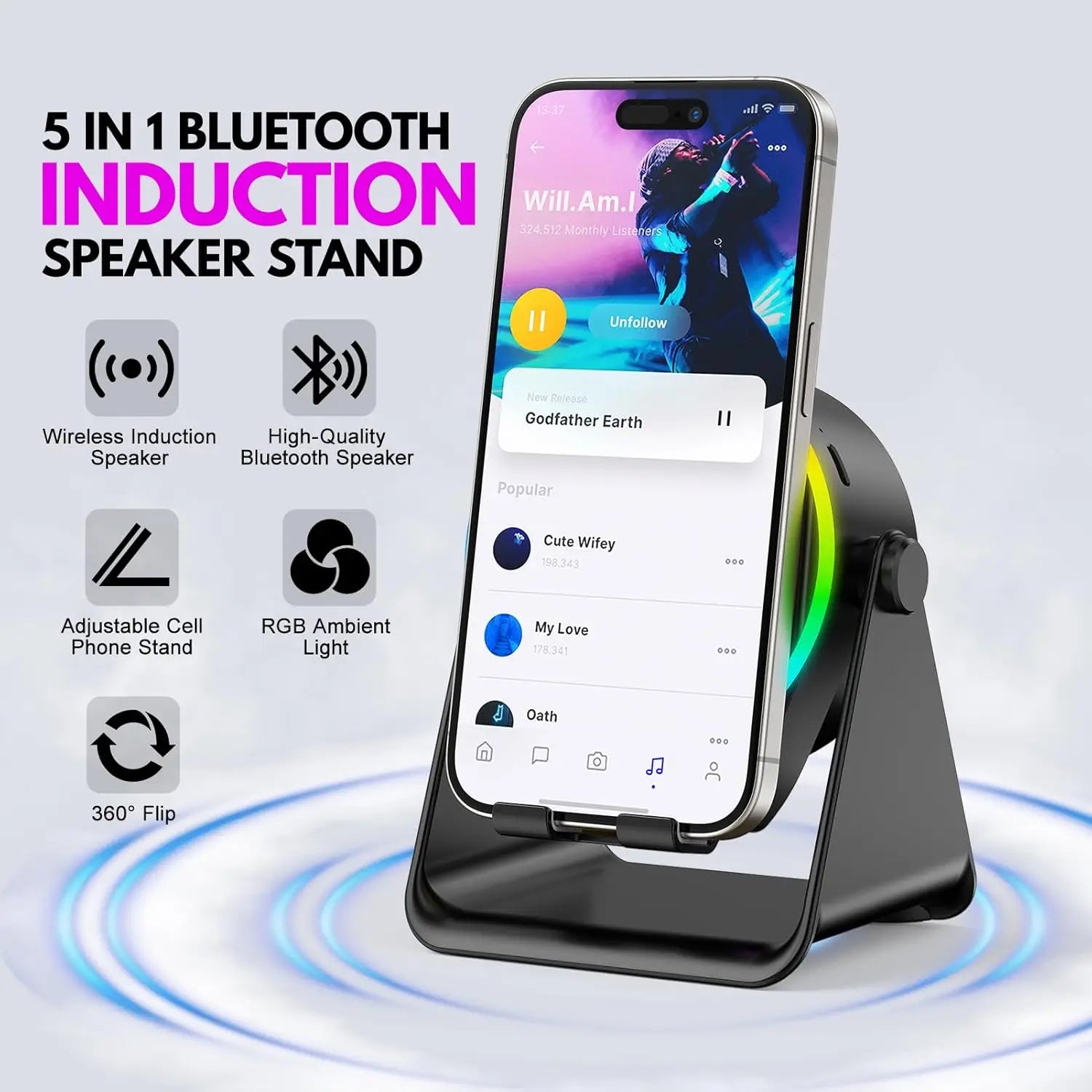 5 In 1 RGB Powerful Bluetooth Wireless Speaker Mobile Phone Stands Portable HIFI Sound Subwoofer Boombox Magnetic Tablet Brack