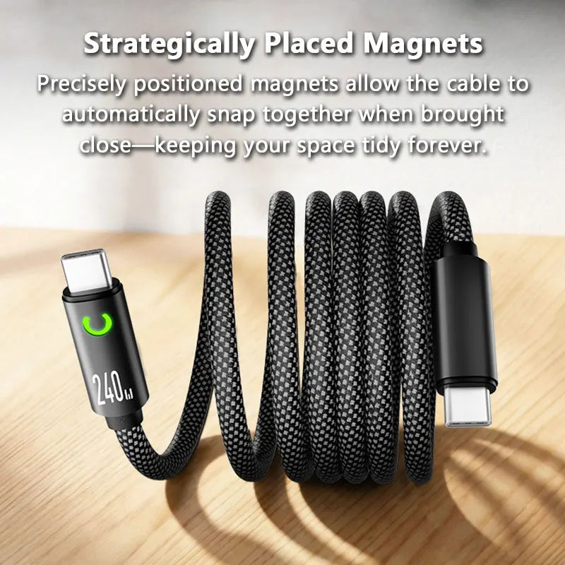 240W Magnetic Fast Charging USB C Cable 1M Nylon Braided for Tablet Laptop iPhone Samsung Huawei Type C Magnetic Charger Cord