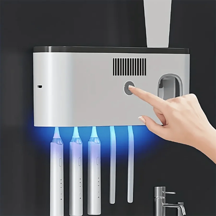 Wall-mounted smart toothbrush sterilizer with 5 slots, integrated toothpaste dispenser, bathroom storage rack and organizer, hom