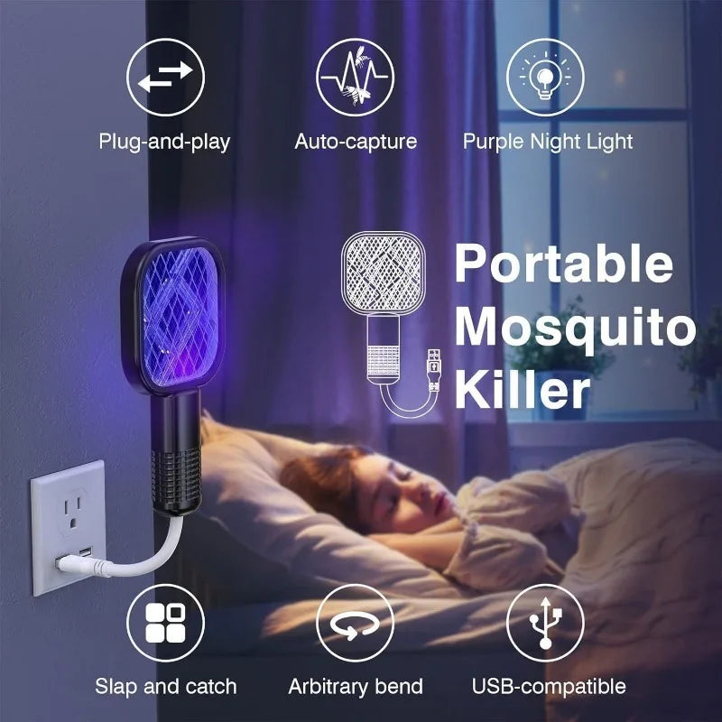 USB Mosquito Swatter Trap Electric Shock Mini Fly Bug Zapper UV Light Portable Insect Racket for Bedroom Pest Control