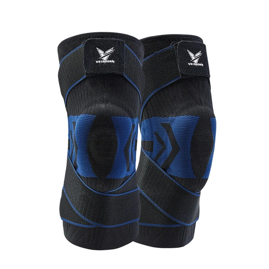 1PC Men Compression Crossfit Rodilleras Elastic Sport Knee Sleeve with Long Straps Black Blue Knee Brace with Silicone Gel