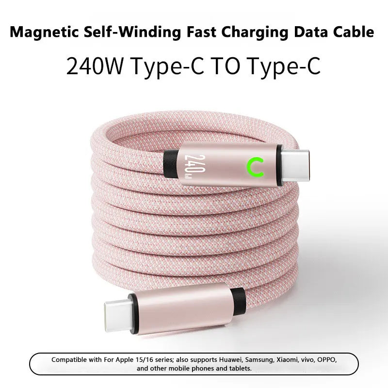 240W Magnetic Fast Charging USB C Cable 1M Nylon Braided for Tablet Laptop iPhone Samsung Huawei Type C Magnetic Charger Cord