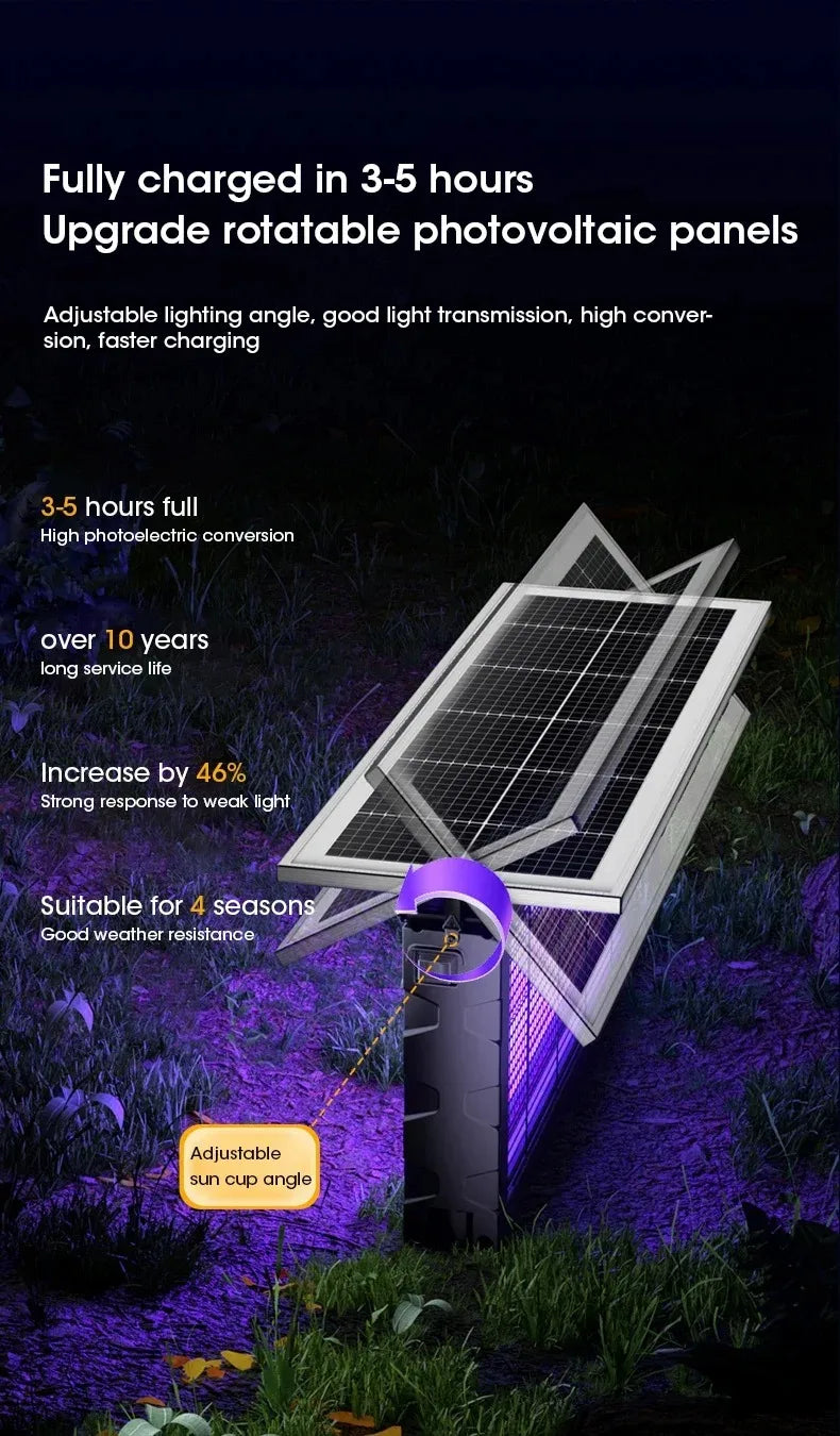 20W Solar Mosquito Killer Lamp with Light 395nm UV+Carbon Mesh IPX5 Waterproof 6000mah USB/Solar Rechargeable for Garden/Patio