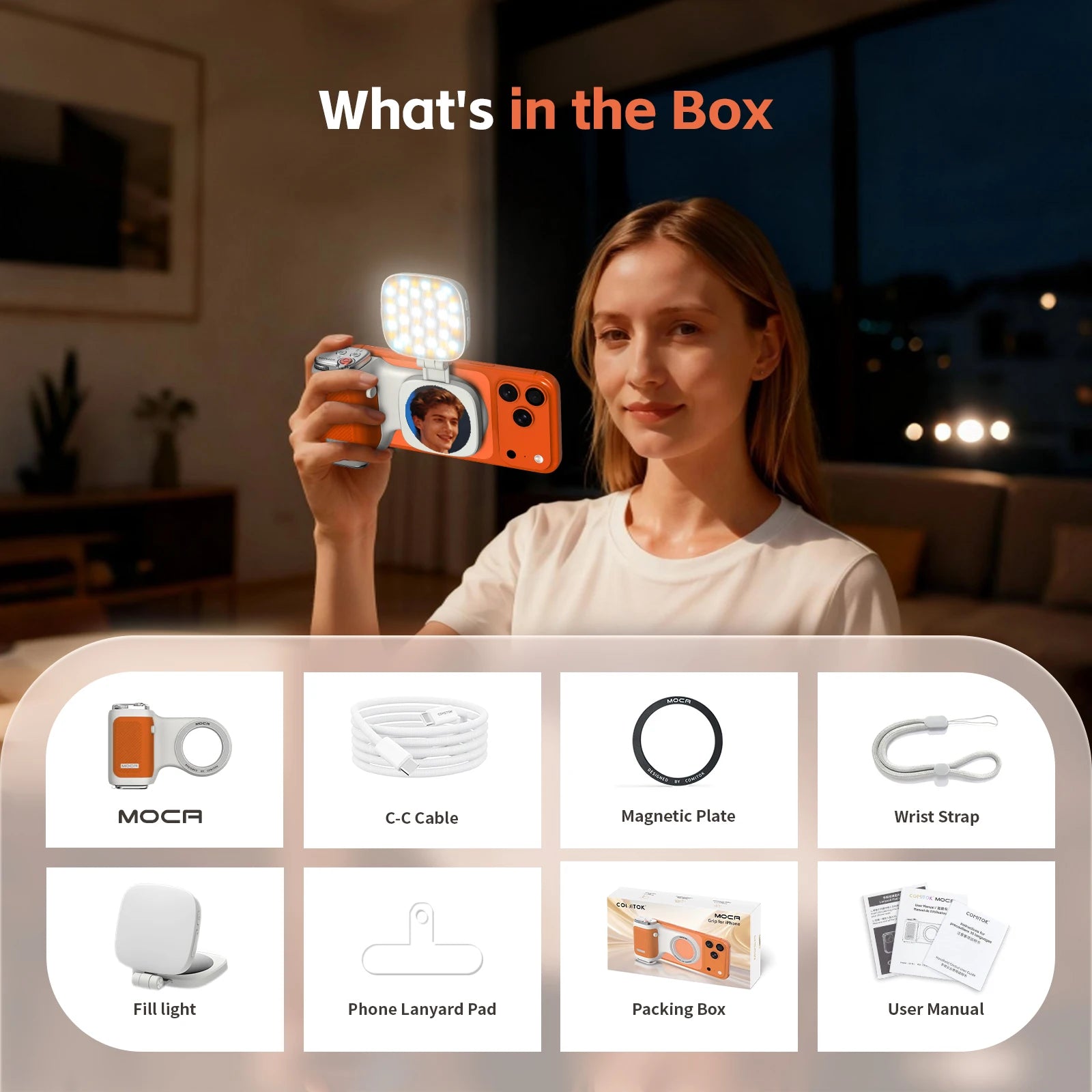 COMITOK MOCA iPhone Camera Assistant,1Click Lens Flip Shutter Grip/Detachable charging remote control+Optional Fill Light/Mirror