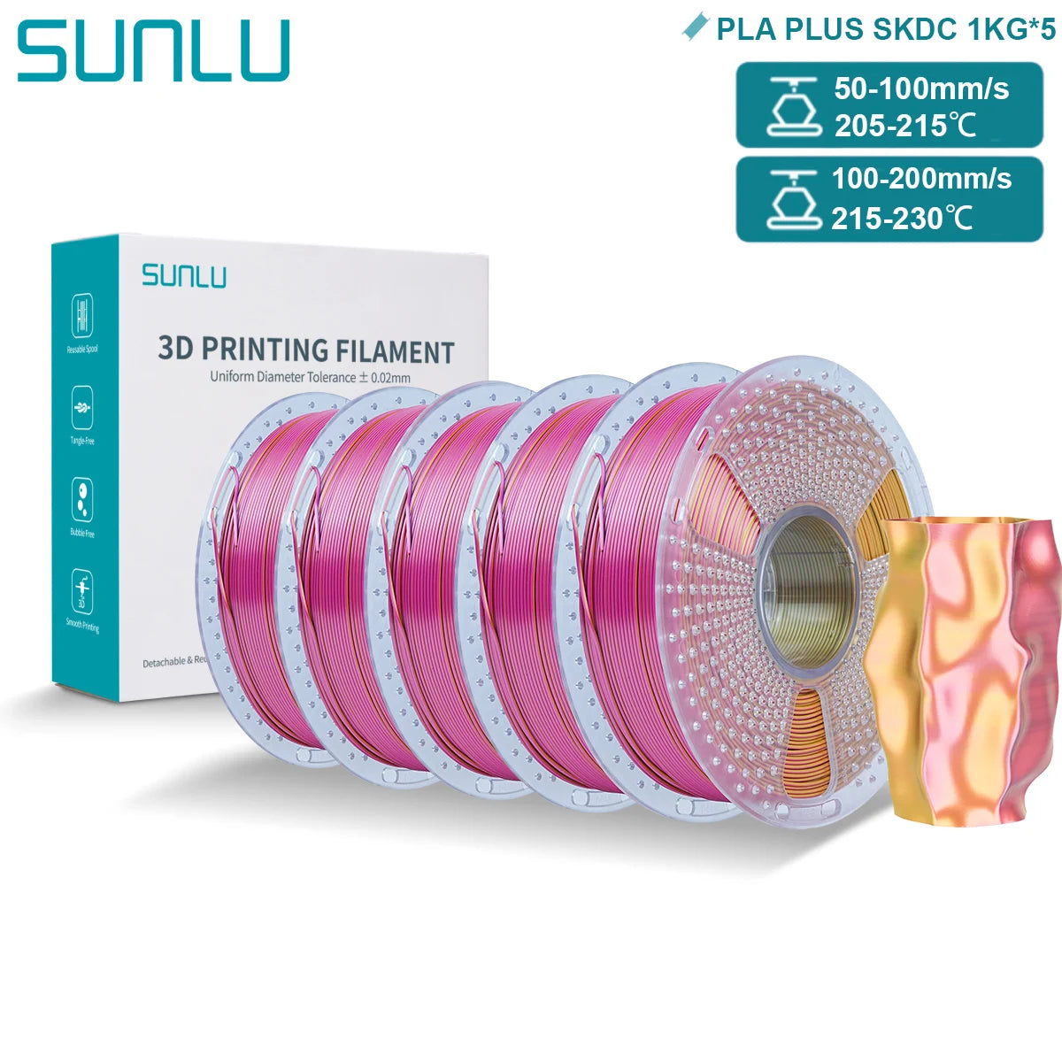 SUNLU PLA PLUS Silk 3D Printer Filament 1.75mm Double/Triple Tone Shiny Silk Textures Gradient Colors for Most FDM 3D Printers