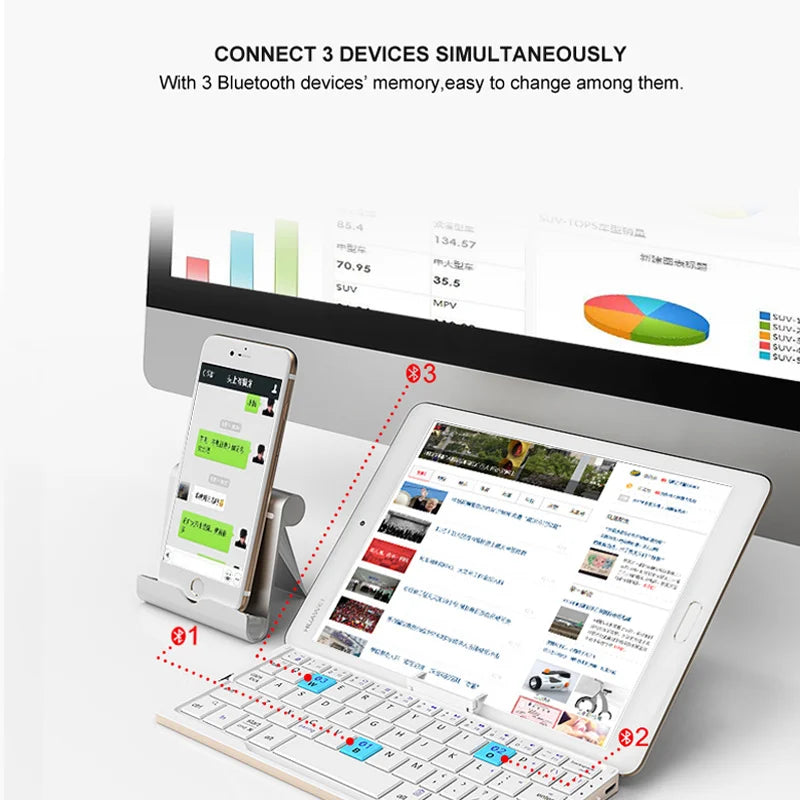 B.O.W. Mini Folding Bluetooth Keyboard Wireless Keypad Support3 Devices With Stand Rechargeable Foldable Keyboard for Phone Tablet