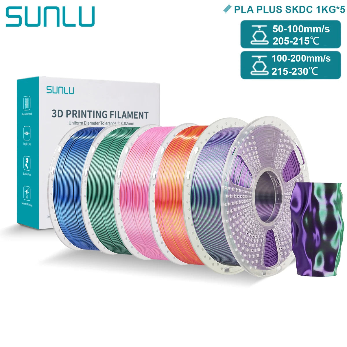 SUNLU PLA PLUS Silk 3D Printer Filament 1.75mm Double/Triple Tone Shiny Silk Textures Gradient Colors for Most FDM 3D Printers