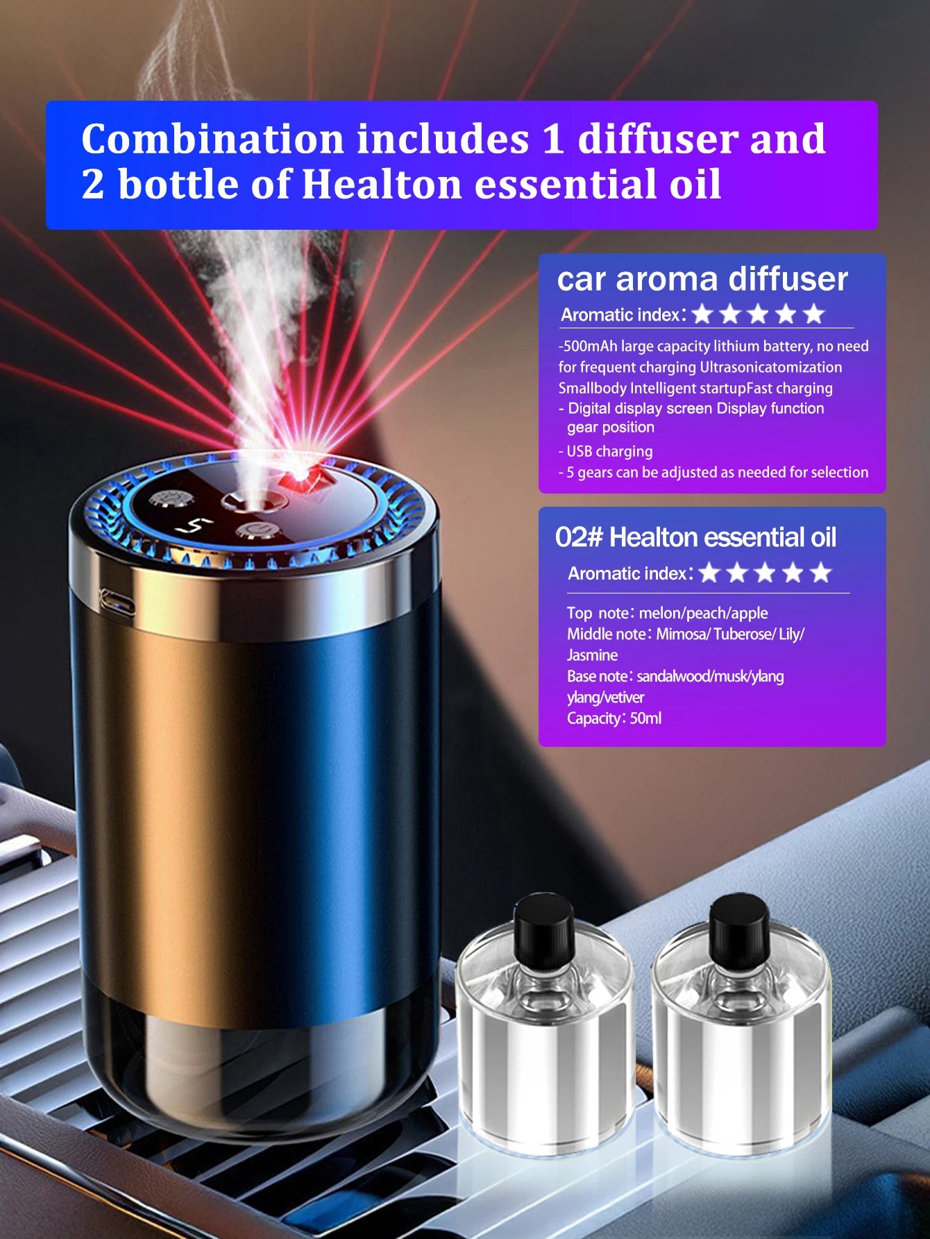 Rechargeable car aroma diffuser, aromatic essential oil, colorful lights, romantic starry sky lights, bedroom gift